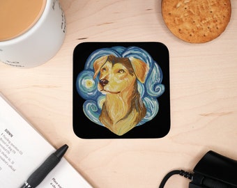 Van Gogh Dog Wooden Coaster, Gift for Dog Lovers Square Tabletop Printed Drinks Mat, Hot and Cold Drinks Mug Rug, Gift Coaster for Drinks