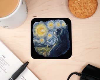 Van Gogh Cat Wooden Coaster, Gift for Cat Lovers Square Tabletop Printed Drinks Mat, Hot and Cold Drinks Mug Rug, Gift Coaster for Drinks