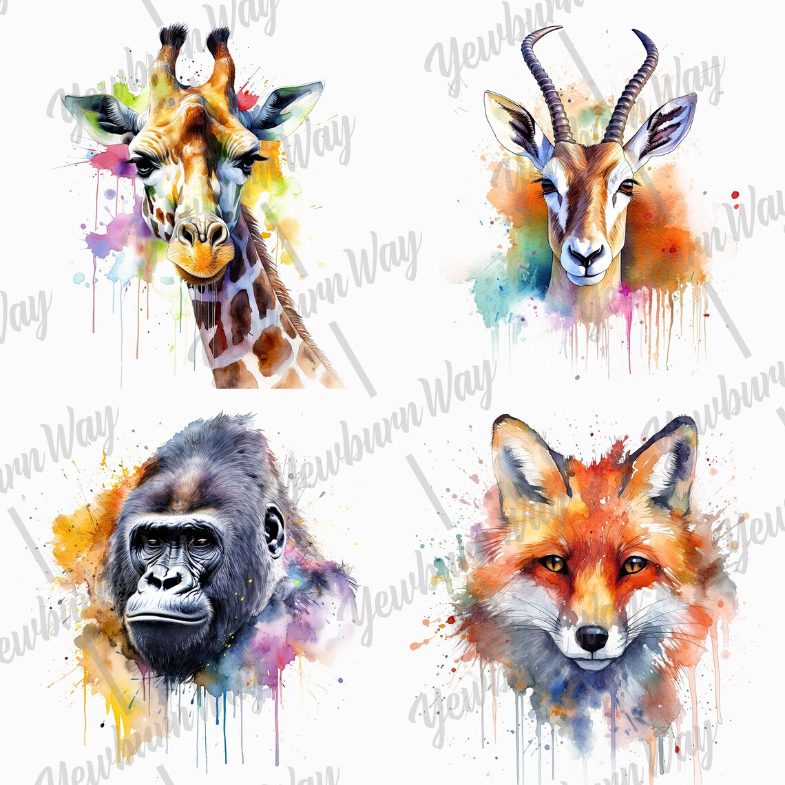 Digital Download Set, Printable Animal Art, Watercolour Wild Animals ...