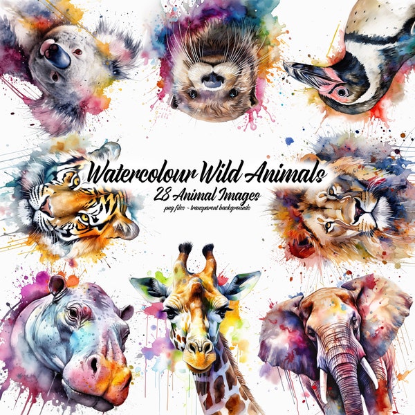 Digital Download Set, Printable Animal Art, Watercolour Wild Animals Drawings for Home Print, Zoo Design Clip Art Painting Set PNG Format