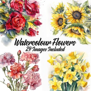 Florale Kunst Digitaler Download-Set, druckbare Aquarell Blumen Zeichnungen für Home Print Sublimation, Blumen Design Clip Art Malerei Set PNG