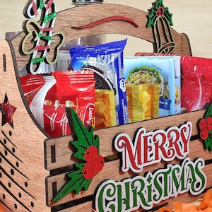 クリスマス ホリデー バスケット、木箱、装飾用キャディ、スナック、ギフト、レーザー カット、デジタル ファイル、CDR、SVG、PDF、Dxf