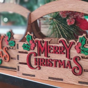 ハンドル付きクリスマスバスケット、ホリデーボックス、ギフト、子供用、レーザーカット、デジタルファイル、CDR、SVG、PDF、Dxf、Ai、ダウンロードのみ