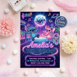 May include: A birthday party invitation featuring the characters Stitch and Angel roller skating in a neon-lit retro scene. The invitation reads "Amelia's 10th Birthday" with event details and a Canva logo.