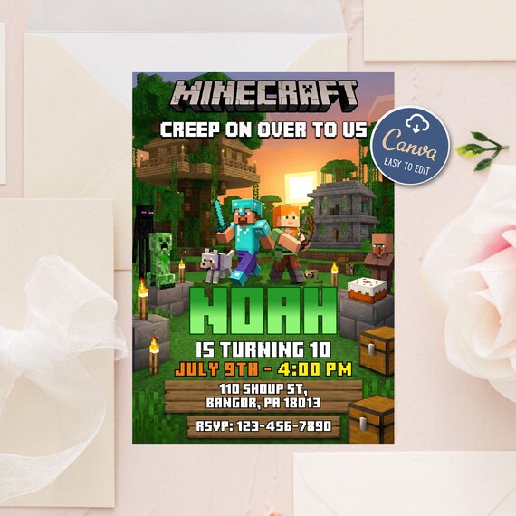 Editable Minecraft Birthday Invitation, Gamer Party Invite for Kids, Pixel Game Theme, Canva Template, Instant Digital Download