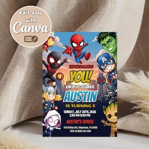 May include: A vibrant invitation card with cartoon superhero illustrations, such as Spider-Man and Hulk. The invitation is for a birthday celebration, with the name "Austin" and the party details, including the date, time, and venue.