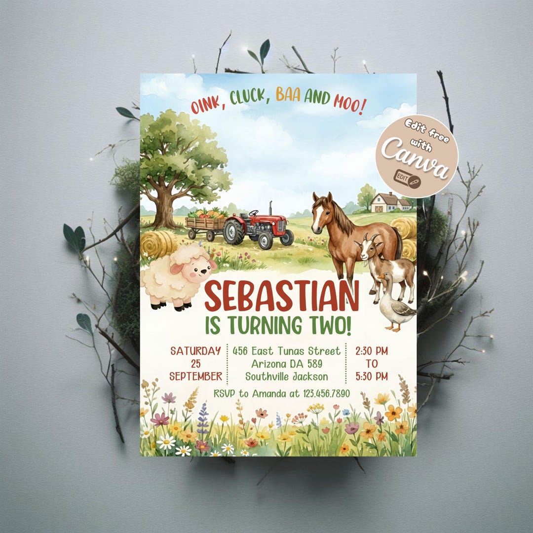 Farm Animals Birthday Invitation Editable, Barnyard Party Invite, Cute ...