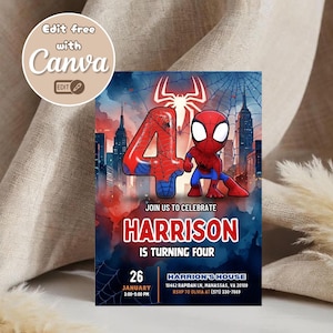 以下が含まれることがあります： スパイダーマンをテーマにした誕生日招待状。デザインには、都市の背景、大きな数字の4、スパイダーマンのキャラクターが含まれています。「ハリソンが4歳になるのを一緒にお祝いしましょう」と書かれています。