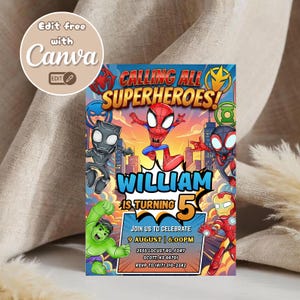 Puede incluir: Una colorida tarjeta de invitación con superhéroes. El texto dice "CALLING ALL SUPERHEROES!" e incluye el nombre "WILLIAM" y el número "5". La tarjeta también tiene detalles del evento y el logotipo de Canva.