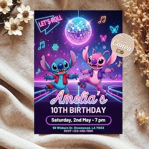 以下が含まれることがあります： ディスコボールの下でローラースケートをする漫画のキャラクターが描かれた、鮮やかな誕生日招待状。「Amelia's 10th Birthday」のテキストと日付、時間、住所の詳細が含まれています。デザインはネオンカラーです。