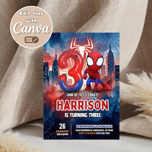 May include: A birthday invitation featuring a Spider-Man theme. The design includes a large number 3, a Spider-Man character, and the name "Harrison." The invitation also includes event details such as the date, time, and location.
