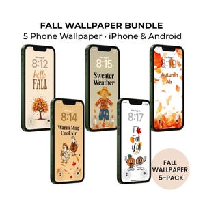 May include: A digital bundle of five phone wallpapers featuring autumn themes. The text reads FALL WALLPAPER BUNDLE, 5 Phone Wallpaper, iPhone & Android, and FALL WALLPAPER 5-PACK. Designs include a tree, scarecrow, leaves, geese, and pumpkins.