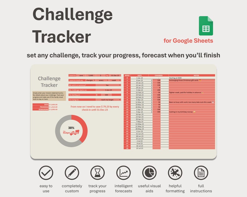 Red Spreadsheet Challenge Tracker Spreadsheet for Google Sheets - Etsy