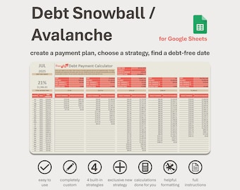 May include: A Google Sheets template for creating a debt snowball or avalanche payment plan. The template includes a debt payment calculator, four built-in strategies, and an exclusive new strategy. It also includes helpful formatting and full instructions.