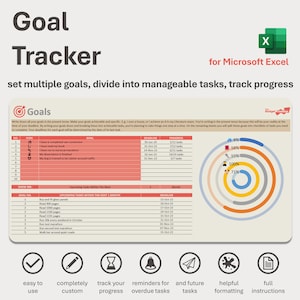 May include: A colorful infographic for a Microsoft Excel Goal Tracker template. The infographic shows a circular chart with progress rings and a table with goal and task lists. The text "Goal Tracker" is at the top of the infographic. The text "set multiple goals, divide into manageable tasks, track progress" is below the title. The infographic also includes icons for easy to use, completely custom, track your progress, reminders for overdue tasks, and future tasks, helpful formatting, and full instructions.