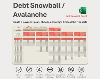 May include: A spreadsheet template for Microsoft Excel to help create a debt snowball or avalanche payment plan. The template includes a debt payment calculator, a debt-free date, and four built-in strategies. The template is easy to use and includes helpful formatting.