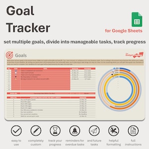May include: A colourful Google Sheets template for goal tracking. The template features a goal tracker with a progress chart, a list of goals, and a list of upcoming tasks. The template is designed to help users set goals, break them down into manageable tasks, and track their progress.