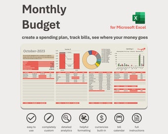 Könnte beinhalten: Eine monatliche Budget-Tabellenvorlage für Microsoft Excel. Die Vorlage enthält Abschnitte für Einnahmen, Ausgaben und einen Kalender. Die Vorlage soll Benutzern helfen, ihre Finanzen zu verfolgen und einen Ausgabenplan zu erstellen. Die Vorlage ist einfach zu bedienen und anzupassen und enthält detaillierte Analysen und hilfreiche Formatierungen.