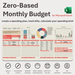 Könnte beinhalten: Eine farbenfrohe Tabellenvorlage für Microsoft Excel, die Ihnen hilft, ein nullbasiertes Monatsbudget zu erstellen. Die Vorlage enthält Abschnitte für Einnahmen, Ausgaben und Ersparnisse. Sie enthält auch einen Kalender, Diagramme und Grafiken, um Ihnen zu helfen, Ihren Fortschritt zu verfolgen.