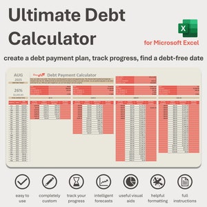 May include: A red and white spreadsheet template for Microsoft Excel called "Debt Payment Calculator". The template helps users create a debt payment plan, track progress, and find a debt-free date. The template includes a calendar, a progress bar, and a debt-free date calculator. The template is easy to use, completely customisable, and includes intelligent forecasts.