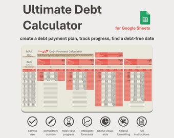 Puede incluir: Una plantilla de hoja de cálculo de Google Sheets roja y blanca para una calculadora de pago de deudas. La hoja de cálculo se titula "Calculadora de pago de deudas" e incluye una sección para realizar un seguimiento de los pagos mensuales, las tasas de interés y los saldos. La hoja de cálculo también incluye una sección para realizar un seguimiento del progreso hacia una fecha sin deudas. La hoja de cálculo está diseñada para ayudar a los usuarios a crear un plan de pago de deudas, realizar un seguimiento del progreso y encontrar una fecha sin deudas.