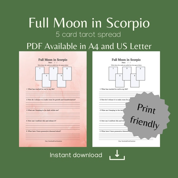 5 Card Full Moon In Scorpio Tarot Spread Worksheet Available In A4 And US Letter