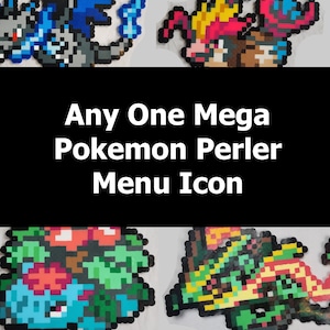 May include: Four different Mega Pokemon Perler bead sprites. The sprites are of Mega Charizard X, Mega Blastoise, Mega Venusaur, and Mega Sceptile. Each sprite is made of colorful Perler beads and is approximately 2 inches by 2 inches.
