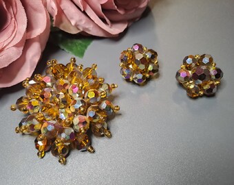 Vintage Aurora Borealis Kristall Cluster Brosche & Ohrclips | Vintage Brosche und Ohrclips Schmuck Set
