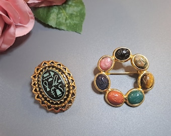 Vintage Egypt Brooch Lot | Gemstone Scarab Brooch | Brooch with Egyptian Hieroglyphs