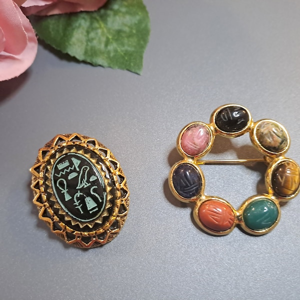 Vintage Egypt Brooch Lot | Gemstone Scarab Brooch | Brooch with Egyptian Hieroglyphs