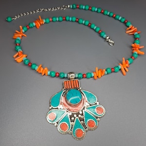 Handmade Necklace with Tibetan Pendant | Nepalese Ethnic Pendant | Turquoise & Coral Necklace | Tibetan Jewelry