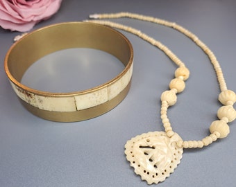 Lote de joyería de hueso vintage / collar de hueso / pulsera de hueso y latón