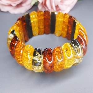 Vintage Glitter Lucite Bernsteinlook Perlen Stretch Armband