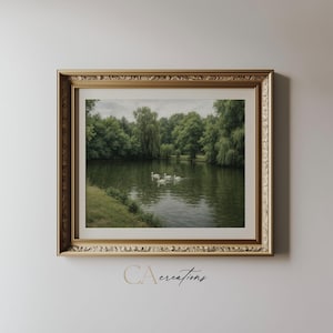 Obraz olejny na płótnie Vintage Summer Pond Landscape | Białe kaczki w stawie | Rustykalna scena przyrodnicza | Sztuka ścienna Cottagecore | Pobieranie cyfrowe