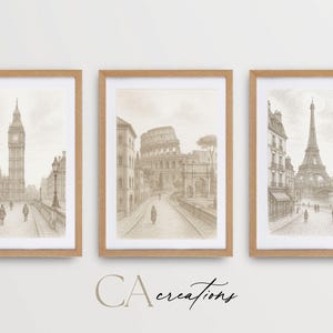 Vintage Europe City Sketch Bundle | Paris, Rome & London Wall Art | Vintage Line Art | Set of 3 European City Prints | Digital Download