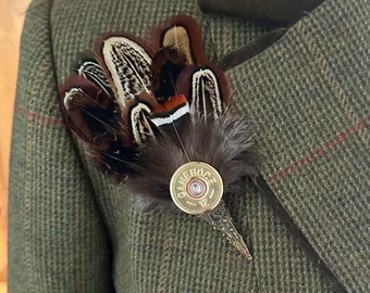 Pheasant and Duck Feather Brooches, Corsage, Boutonnière, Hat Pins, Races, Country Style Wedding, Gambore Shotgun Cartridge Ends