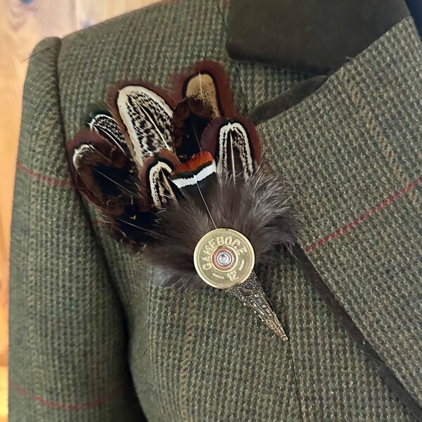 Pheasant and Duck Feather Brooches, Corsage, Boutonnière, Hat Pins, Races, Country Style Wedding, Gamebore Shotgun Cartridge Ends