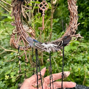 Handmade Silver Birch Wreath Hanging Witch Bells, Home Protection, Wind Chimes