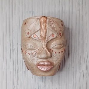 May include: A terracotta planter shaped like a face with a butterfly design. The planter is painted in shades of brown and copper.