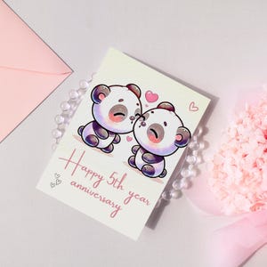 Tarjeta imprimible de feliz quinto aniversario de bodas con diseño de panda, tarjeta de feliz quinto aniversario de bodas, descarga digital instantánea con corazones