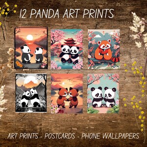 12 impresiones artísticas de pandas y pandas rojos para imprimir, fondos de pantalla para teléfono, postales kawaii, tarjetas japonesas con el Monte Fuji y Sakura.