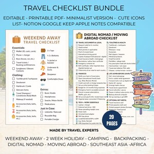May include: A printable travel checklist bundle with cute icons. The checklist includes sections for weekend getaways, digital nomad travel, and moving abroad. The checklist is compatible with Notion, Google Keep, and Apple Notes.