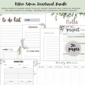 May include: A printable office admin and secretarial bundle with a green and white floral design. The bundle includes a weekly planner, monthly planner, to-do list, project tracker, notes, and minutes templates. The text "20+ pages" is visible in the image.