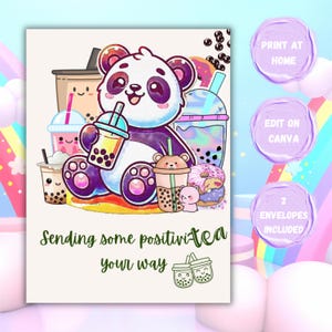 Einige Positivitäts Karten kawaii panda rot bubble tea Donuts positivi-tea blanko karte bearbeiten auf canva gute Besserung ich denke an dich