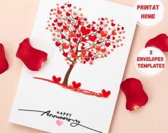 Biglietto di auguri di buon anniversario stampabile, facile da scaricare e stampare a casa con cuori d'amore