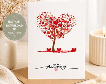 Biglietto di auguri di buon anniversario stampabile, facile da scaricare e stampare a casa con cuori d'amore
