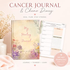 May include: A hardcover journal titled My Healing Journal with a watercolor floral cover in shades of purple, pink, and yellow, alongside a chemotherapy weekly planner page featuring sections for symptoms, medicines, and notes for the doctor.