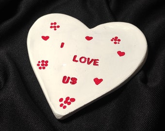 Handmade Heart Shaped ' I Love Us ' Jewelry Dish, Valentine's Day Gift, Hand-Painted Clay Ring Dish, Jewelry Holder