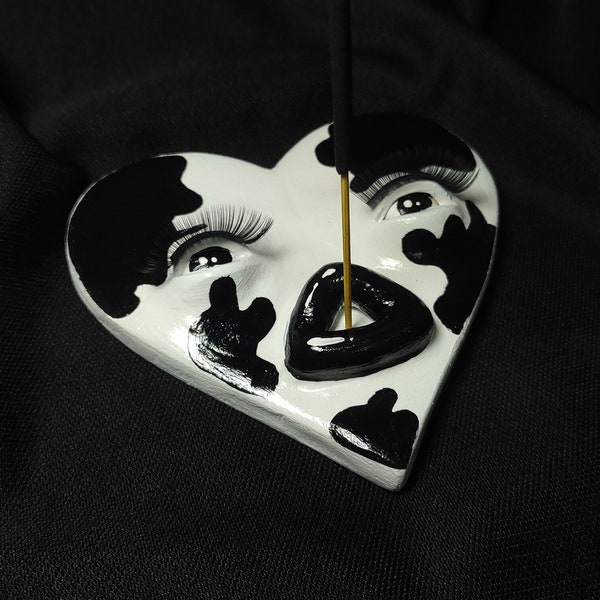 Heart Shaped Face Black and White Incense Holder, Cow Print Pretty Incense Holder With False Eyelashes, Handmade Gift For Her