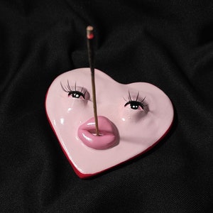 Pink Heart Shaped Incense Holder, Cute Clay Incense Holder, Incense Burner With False Eyelashes image 1